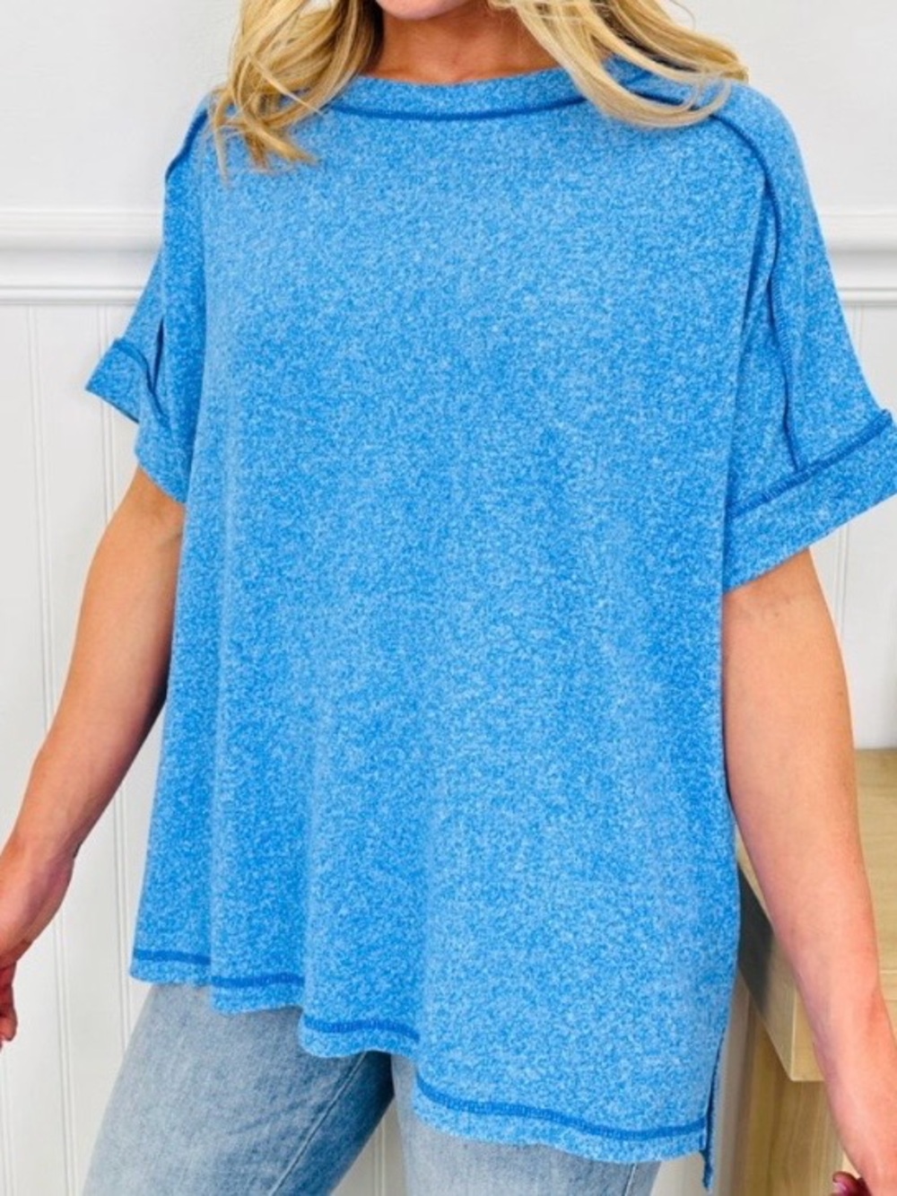 Zenana women's Soft Melange Short Sleeve Hi-Low Tee, Ocean Blue, size small